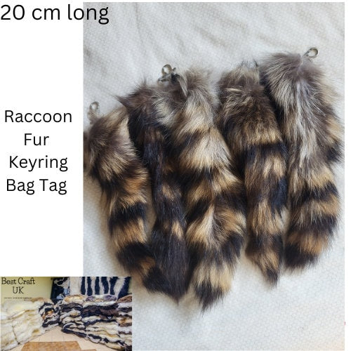 Raccoon Keyring, Bag, Bike Decoration, Real Fur, Fluffy Tail Tassel Keychain 20cm long